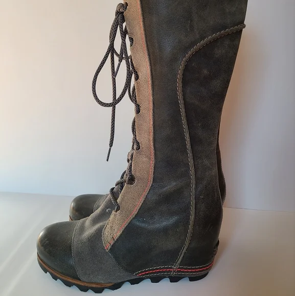 Sorel Cate The Great Wedge Tall Stylish Lace-Up Boots with Red Stitching - Picture 5 of 14